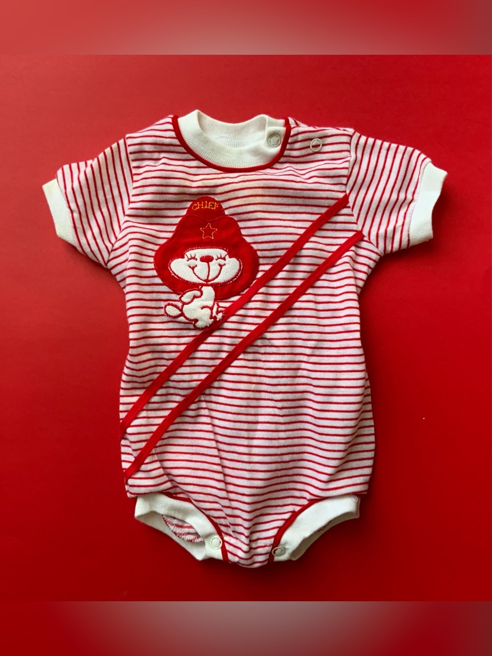 Vintage 80s jcpenney Red and White Striped Baby One-Piece with Bear Patch